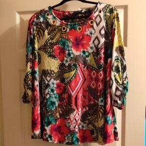 New Directions Colorful Floral Blouse with Gold Accents